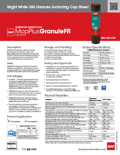 Ruberoid® Energycap™ Mop Plus Granule FR SBS Bright White Granule Surfacing Cap Sheet Item Code: 370N