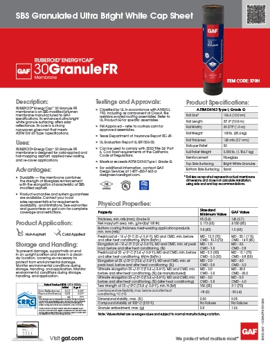 Ruberoid® Energycap™ 30 Granule FR Membrane SBS Granulated Ultra Bright White Cap Sheet Item Code: 370H