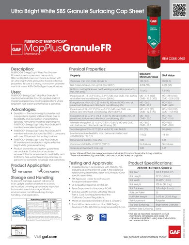 Ruberoid® Energycap™ Mop Plus Granule FR Ultra Bright White SBS Granule Surfacing Cap Sheet Item Code: 370G