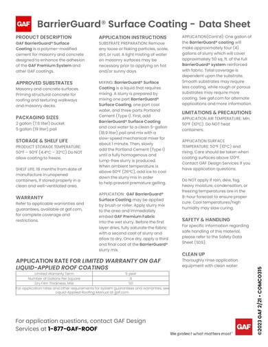 GAF BarrierGuard® Surface Coating Data Sheet