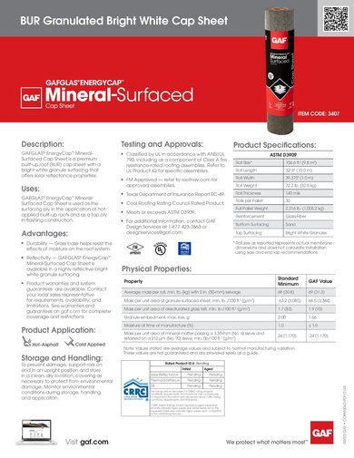 GAFGlas® Energycap™ Mineral-Surfaced Cap Sheet BUR Granulated Bright White Item Code: 3407