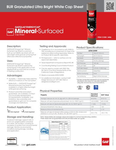 GAFGlas® Energycap™ Mineral-Surfaced Cap Sheet BUR Granulated Ultra Bright White Item Code: 3406