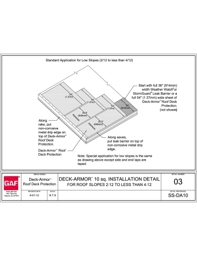 SS-DA10-03 Deck-Armor™ 10sq. Installation Detail For Roof Slopes 2:12 to less than 4:12 