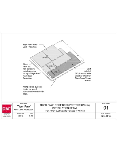 SS-TP4-01 Tiger Paw™ 4sq. Installation Detail For Roof Slopes 2:12 to less than 4:12 