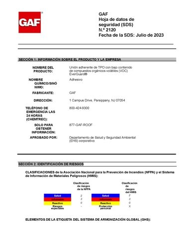 Unión adherente de TPO con bajo contenido de compuestos orgánicos volátiles (VOC) EverGuard® SDS - 2120